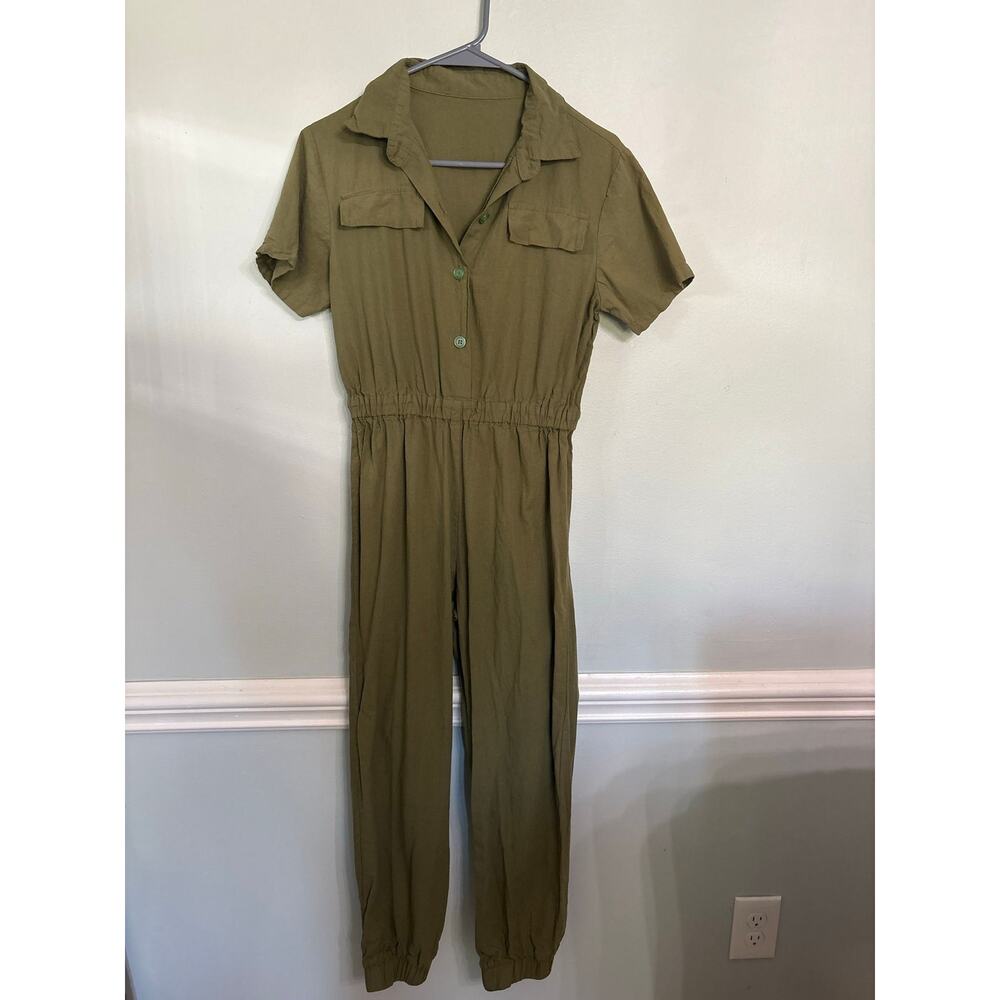 Sewina Olive Green Linen Blend Jumpsuit | Utility Style | Size Small